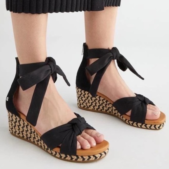 UGG Shoes - NWOT UGG Women's Yarrow Black Suede Espadrille Wedge Sandals Ankle Bow Straps